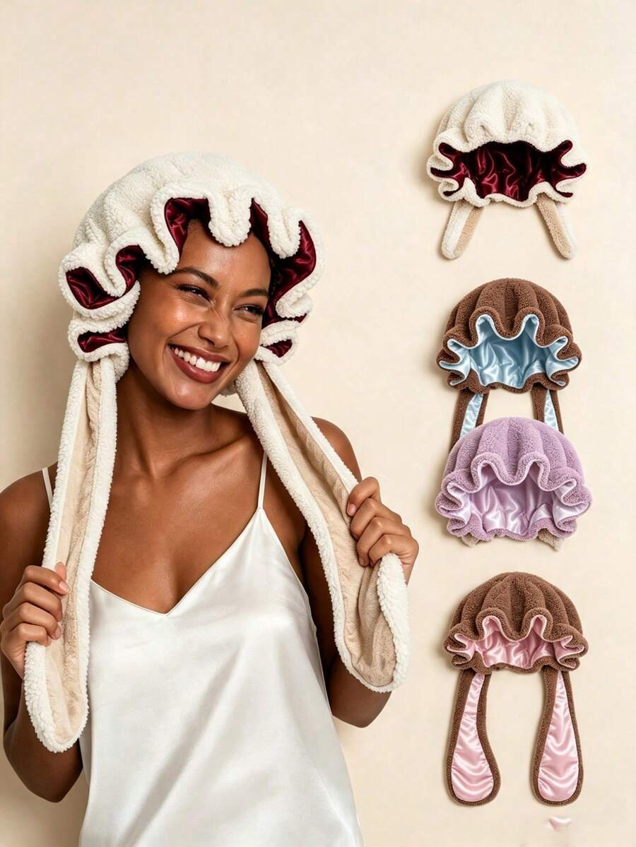 Cute Rabbit Ear Sleep Cap, Plush Fleece Satin Lining Night Hair Bonnet, Adjustable Tie Hair Protection Cap, Suitable For Home Nighttime Sleep - A - View 1