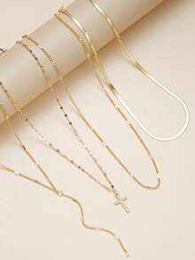 11/10/4pcs Fashionable Minimalist Golden Butterfly,Heart,Cross,Star,Moon,Faux Pearl Multi-Layer Necklace Set,Vacation,Party,Match With Daily Outfits - 金黃色 - 查看 7