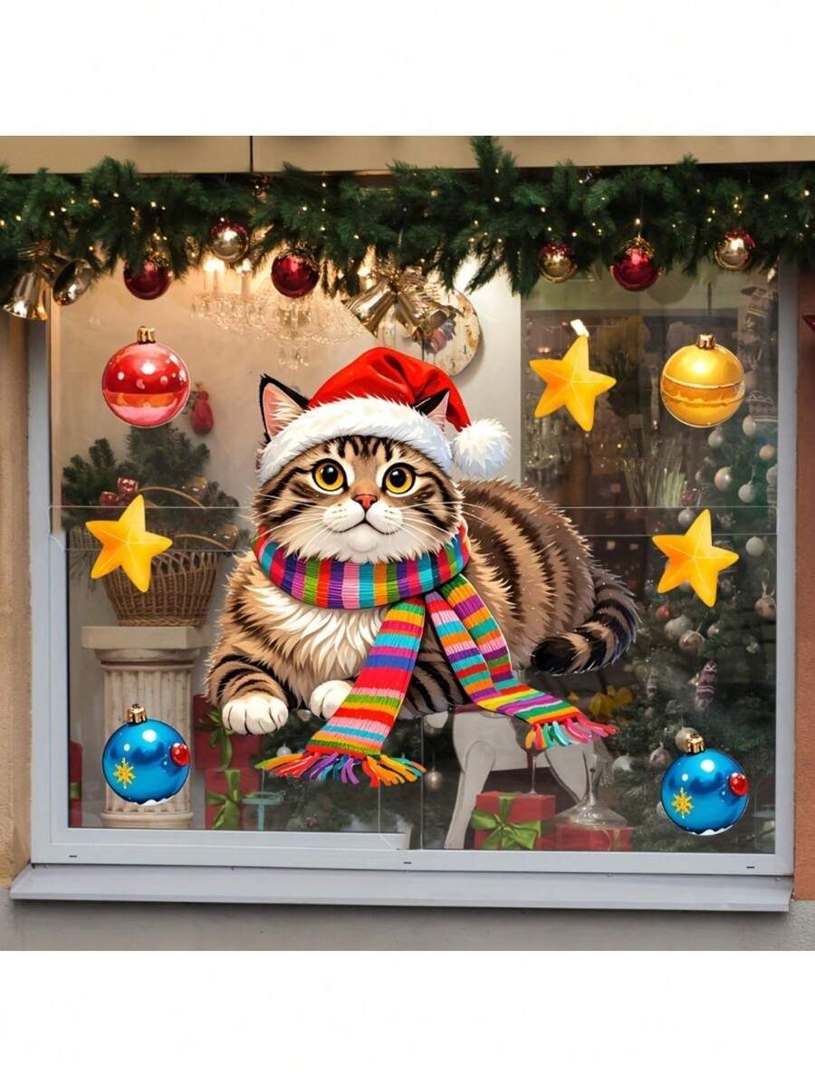 1pc Tiger Cat Christmas Hat Rainbow Scarf Colorful Ball Star Static Window Sticker, Double-Sided Visible Removable PVC Christmas Glass Decal, Holiday Window Decoration Sticker - Tabby Cat Christmas Hat Rainbow - View 1