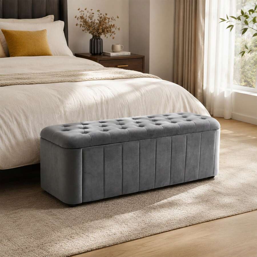 Velor Bench With Storage Space, Modern Upholstered Bench With Rounded Corners, Chest Of Drawers With Storage, Padded Stool For Bedroom, Living Room, Hallway, 132 X 47.5 X 44 Cm - A - View 1