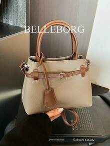 BELLEBORG 女款高級休閒拼色通勤復古帆布扣環百搭小方包手提包 - 灰色 - 查看 9