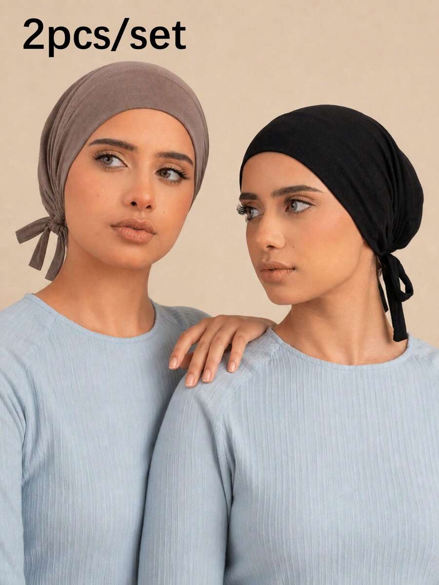 2 piezas Sombrero bufanda ajustable con banda elástica de unicolor para mujer