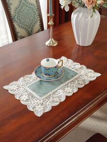 100% Polyester Vintage Luxury Rectangular Table Runner, Soft Base Fabric With Sheer Mesh, Full Floral And Leaf Embroidery, All-Around Hollow Lace Edge, Double Layer Tablecloth, Suitable For Bridal Breakfast Table, Country Cottage Kitchen Decor - Khaki - View 15