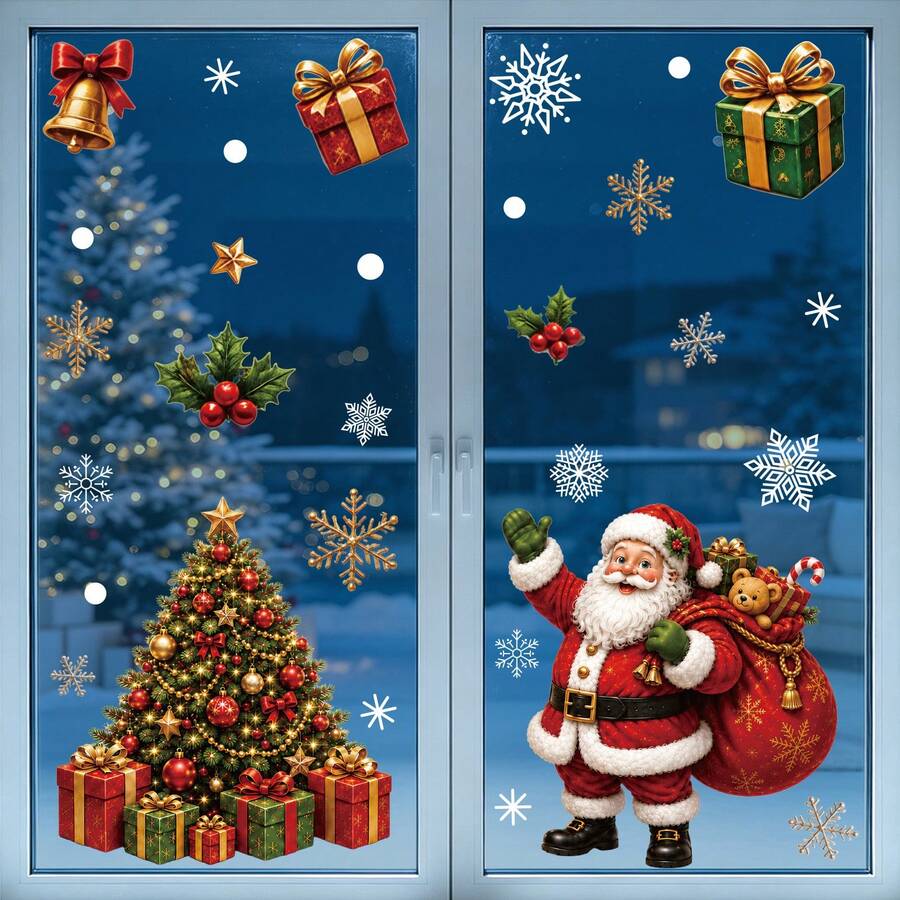 Christmas Stickers Creative Snowflake Snow House Glass Stickers Cartoon Santa Claus Static Cling Stickers, Holiday And Party Decoration Window Decals, Home Stickers Glass Window Display Decoration Wall Stickers - 1PC - View 1