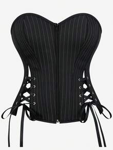 Women's Thin Striped Bandeau Waist-Cinching Top, Side Lace-Up Front Zipper Bustier Cropped Top, Gothic Vintage Cinched Waist, Party Nightclub Outfit, Streetwear Style, Halloween Costume - Black - View 1