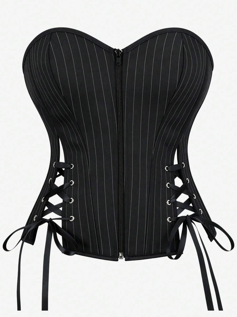 Women's Thin Striped Bandeau Waist-Cinching Top, Side Lace-Up Front Zipper Bustier Cropped Top, Gothic Vintage Cinched Waist, Party Nightclub Outfit, Streetwear Style, Halloween Costume - Black - View 1