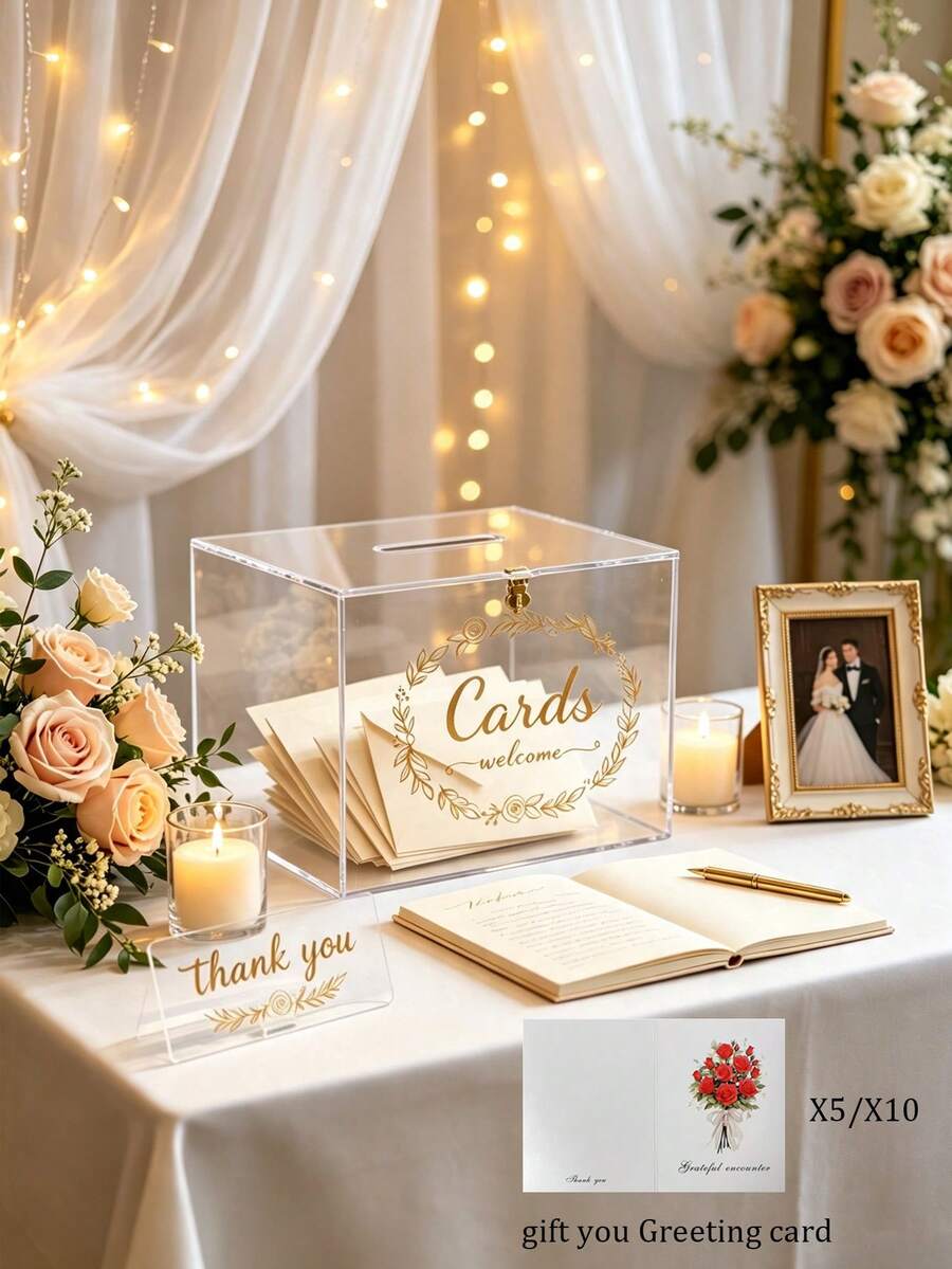 Elegant Acrylic Wedding Card Box With Lock - Transparent Guest Book Box, Suitable For Graduation, Birthday Party And Gift Storage Box - Multicolor - View 1