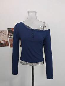 Sweet & Spicy Style Sexy Cold Shoulder Asymmetrical Button Waist-Cinched Top, Slimming Elastic Long Sleeve Base Layer Top For Women, Autumn - Navy Blue - View 8