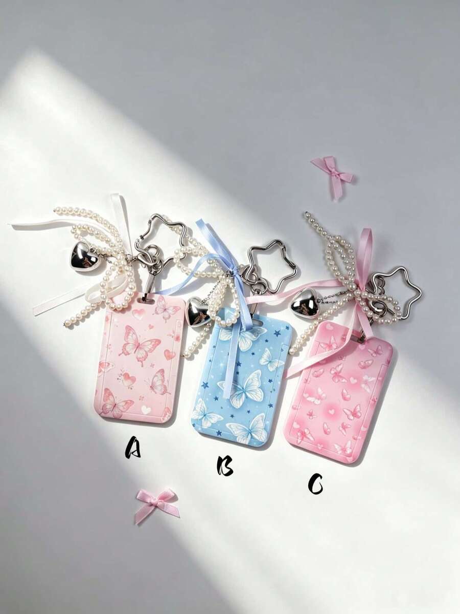 1 buah Dompet Kartu Kupu-kupu Cantik dengan Gantungan Kunci Tali Pergelangan Tangan Kepang Warna-warni, Gaya Feminin Pink & Biru Lembut untuk Kartu Identitas Mahasiswa/Kartu Bus/Kartu Akses, Casing Pelindung Hard Shell, Bahan Anti Gores Berkekuatan Tinggi, Tahan Air & Tahan Kotoran, Efektif Mencegah Kartu Bengkok dan Aus, Cocok untuk Perjalanan Mahasiswa, Kerja Kantor, Perjalanan Sehari-hari, Penggunaan di Semua Skenario - Rectangle - View 1