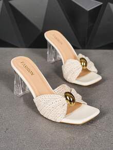 Beige Summer New Women's Fashion Square Toe Buckle High Heel Sandals Suitable For Party, Date, Shopping, Office, Casual - Beige - View 2