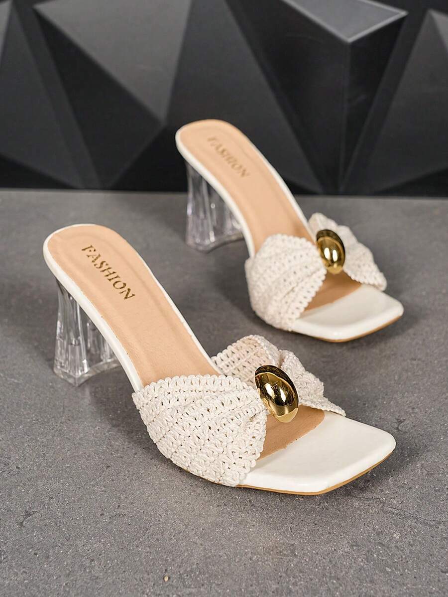 Beige Summer New Women's Fashion Square Toe Buckle High Heel Sandals Suitable For Party, Date, Shopping, Office, Casual