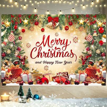 1pc Red & Gold Christmas Party Banner With Gift Box & Ball Pattern, Suitable For Indoor/Outdoor Decor, Studio Photography, Family Gathering, Anniversary, Christmas Eve, New Year And Yard Decoration, Holiday Decoration, Full Of Christmas Holiday Atmosphere