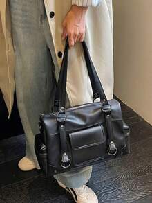 Metal Ring Rivet Decor Double Shoulder Handbag With Multiple Pockets, External Patch Pockets, Side Zipper Compartment, Layered Storage, Main Zipper Anti-Theft Large Capacity For Laptop, Umbrella, Cosmetics, Commuter Essentials, Versatile Tote Bag For Office Workers Daily Commute And Short Trips - Black - View 7
