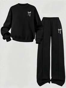 Young Girl Cartoon Bow Print Round Neck Long Sleeve Top And Long Pants - Black - View 2