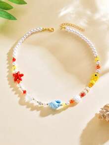 1 buah Kalung Liontin Tali Kepang Gaya Bohemian Biru untuk Wanita, Liontin Bintang Laut dan Cangkang Laut, Aksesori Putri Duyung, Cocok untuk Pakaian Pantai Musim Panas Wanita - MultiWarna - View 4