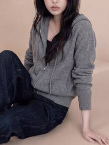 Women's Autumn/Winter Minimalist Hooded Cardigan Sweater Jacket - Grey - View 4