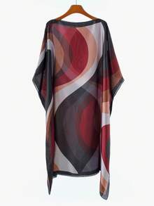 1pc Women's Elegant Minimalist Premium Geometric Wave Morandi Color Block Print Chiffon Pullover Long Robe Shirt, Summer Outdoor Casual Travel Versatile Sun Protection Cover-Up Shawl - Multicolor - View 2