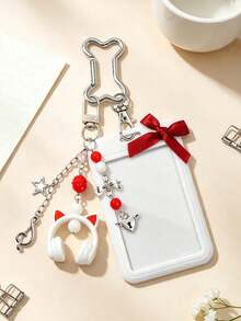 Y2K Card Holder Keychain With Beaded Bow & Headphone Charm,Stylish Photocard Holder,DIY Bone Keychain Bag Pendant,Student ID Badge Holder,Bag Pendant - Multicolor - View 9