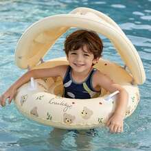 Infant Swim Ring With Detachable Sun Canopy, Rabbit And Bear Print Inflatable Design With Handles, UV Protection Sunshade To Protect Baby's Skin, Buoyant Structure Suitable For Pool And Beach, Cute Healing Style Loved By Babies, Leisure Water Play Relaxation And Stress Relief, Thoughtful Summer Children's Day Gift - Multicolor - View 5