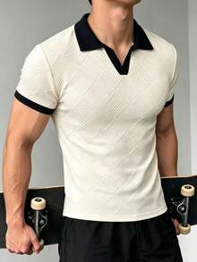 ZYNTH BALENO Kaos Pria Musim Panas Motif Jacquard Patchwork Slim Fit Bahu Persegi Leher Bulat Lengan Pendek, Penting untuk Olahraga Musim Panas - Aprikot - View 3
