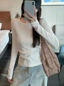 Korean Style White Elegant Jacquard Round Neck Hollow Design Long Sleeve T-Shirt Inner Wear For Women - White - View 1