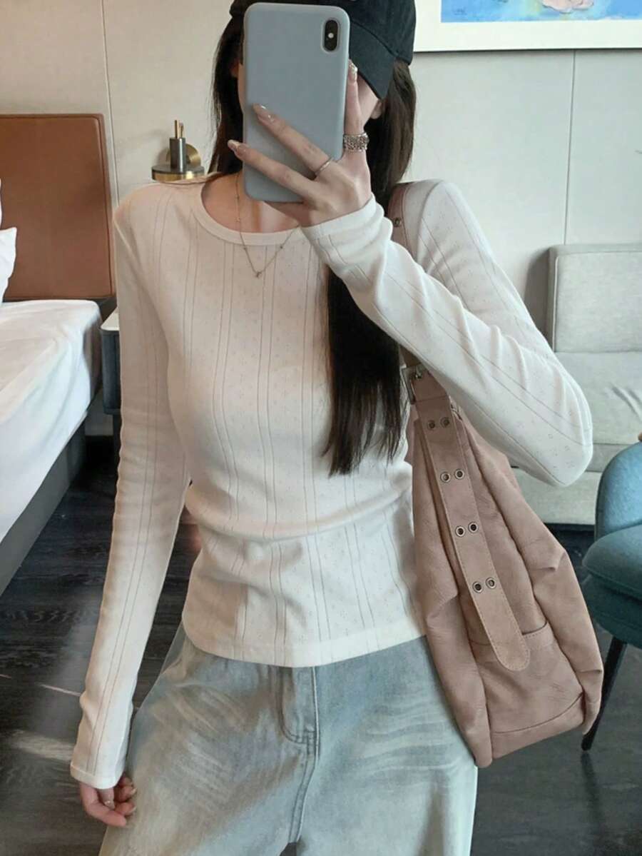 Korean Style White Elegant Jacquard Round Neck Hollow Design Long Sleeve T-Shirt Inner Wear For Women - White - View 1