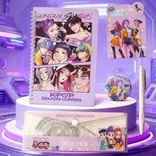 Hasbro 1 Set KPOP Demon Hunter Girl Group Stationery Set, Practical Learning Supplies For Elementary Students, Classroom Reward Gift, Anime Print Bag Stationery Combo Set, Neutral Pen, Ruler, Badge, Notebook Multi-Piece Set, Portable Writing And Note-Taking Stationery Gift Pack For Students, Ruler, Neutral Pen, Badge, Notebook Combo Stationery Pack, Portable Multi-Piece Writing And Learning Stationery Gift Set - Multicolor - View 3
