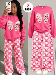 2pcs Girls Outfit Set, Includes Cherry Bow Print Crew Neck Sweatshirt And Random Floral Plaid All-Over Print Wide Leg Pants, Suitable For Spring, Autumn And Winter - Multicolor - View 1