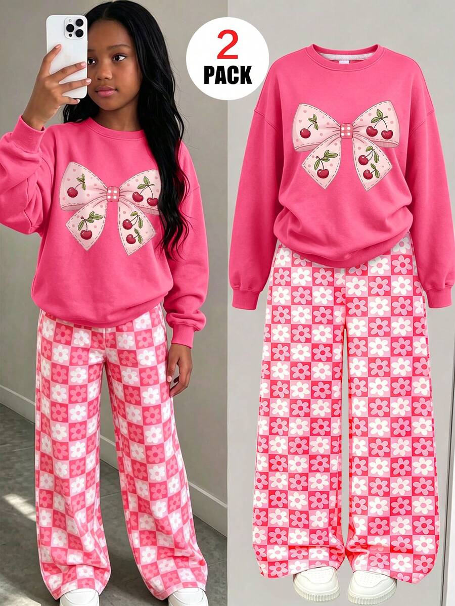2pcs Girls Outfit Set, Includes Cherry Bow Print Crew Neck Sweatshirt And Random Floral Plaid All-Over Print Wide Leg Pants, Suitable For Spring, Autumn And Winter - Multicolor - View 1