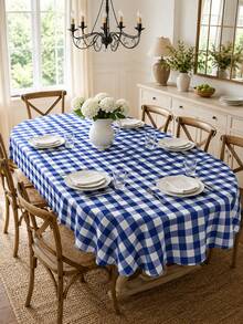 1pc Blue White Plaid Table Cloth, Farmhouse Polyester Round Tablecloth With Gingham Check Pattern, Soft Washable Decorative Table Cover For Dining Table, Kitchen, Picnic, Party, Wedding, Home Decor And Indoor Outdoor Use - Multicolor - View 5