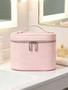 Thick Litchi Grain Wear-Resistant Durable Shaped Not Easily Deformed, Large Capacity Box-Type Storage For Makeup, Skincare And Cosmetics, Horizontal Box-Type Zipper Closure Dust-Proof, Minimalist Premium Commuter Style Makeup Storage Handbag - Pink - View 6