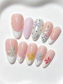 Shecass Medium Oval Nude Handmade Nails White French Press Nails, Hand-Painted Colorful Floral, Polka Dot&3D Flowers, Daily Reusable Artificial Nails In Summer, Y2K Autumn Nails, Graduation, Travel And Holiday, Gifts, Parties, Music Festivals. - Multicolor - View 2