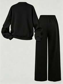 Young Girl Cartoon Bow Print Round Neck Long Sleeve Top And Long Pants - Black - View 3