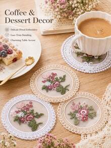 1pc Vintage Floral Lace Coaster Set, Romantic Embroidered Coasters, Coffee Table Decor - Multicolor - View 1