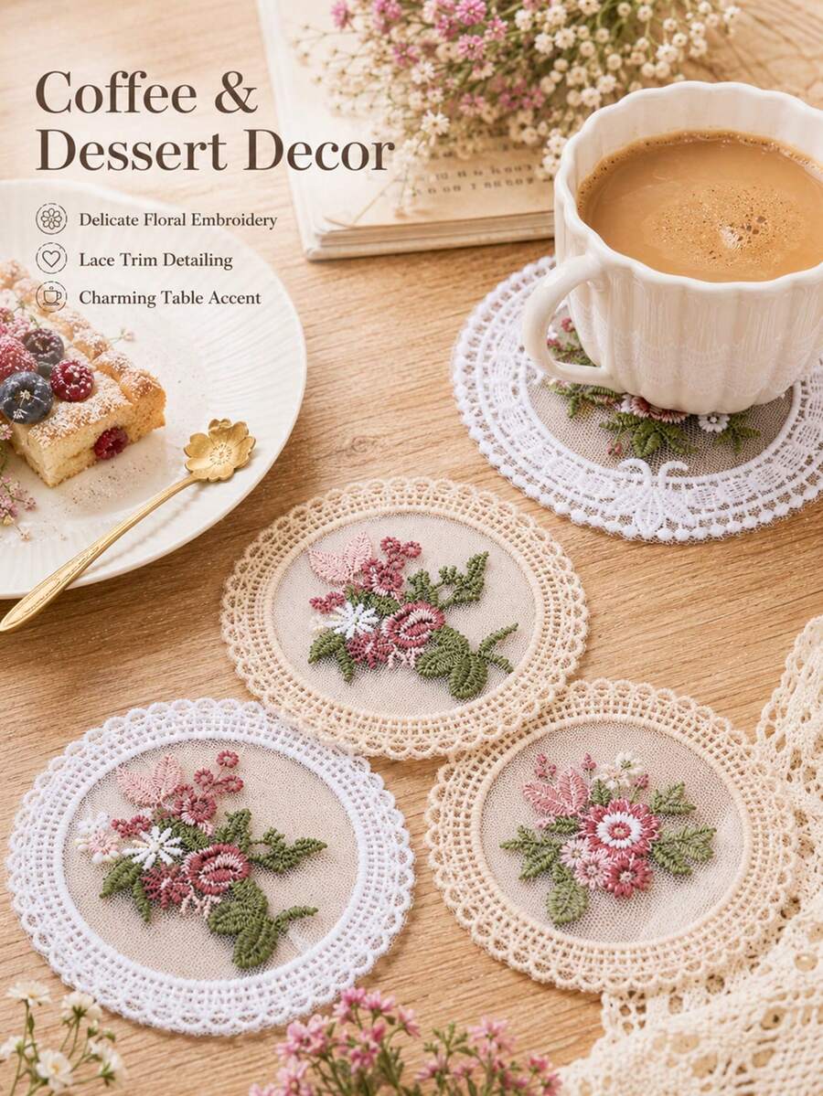 1pc Vintage Floral Lace Coaster Set, Romantic Embroidered Coasters, Coffee Table Decor - Multicolor - View 1