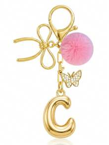Cute Minimalist A-Z Initial Gold Keychain With Bowknot Pink Fur Ball Key Chain For Women's Bags, Daily Wear And Gift - Gold - View 4