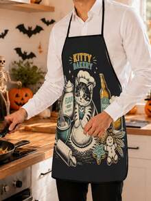 1pc Cute Cat Baking Theme Apron, Size 55x68cm With Black Trim Design. Made Of High-Quality Printed Fabric, Warm And Healing Pattern, Perfect For Kitchen Cooking And Baking Scenes. Ideal Decoration For Holiday Parties, Essential For Autumn Home Life - Multicolor 1 - View 3