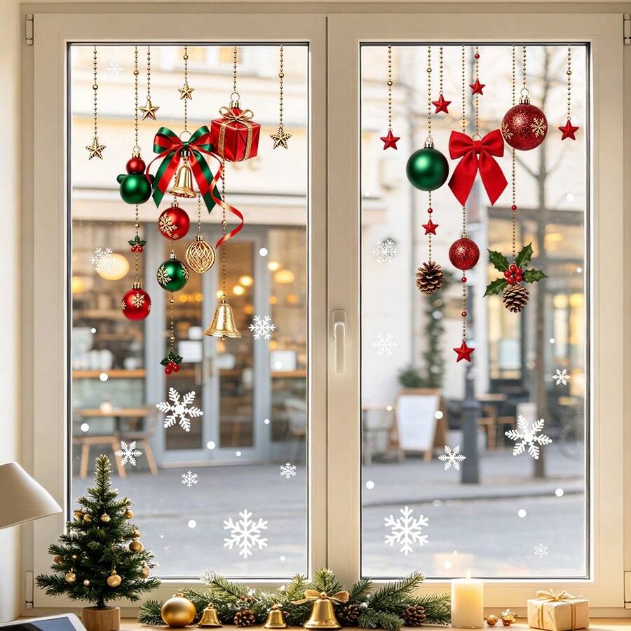 1/4pcs Christmas Hanging Ball Window Stickers, Electrostatic Glass Decals, Gold Bell Bow Snowflake Appliques, Winter Holiday Home Glass Window Decor
