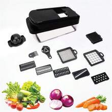 12-In-1 Multifunctional Food Chopper With 7-Blade Professional Onion Chopping Head, Large Capacity Food Storage Container, Vegetable Chopping, Salad Slicing, Pasta Cutting, Cheese Grating Functions, Hand Protection Anti-Scratch Design, Suitable For Potatoes, Carrots, Garlic And Other Fresh Fruits And Vegetables, All-In-One Kitchen Tool For Home Meal Prep And Light Salad Making, Easy To Disassemble And Wash, And Effortless Cooking Utensil For Beginners - Black - View 9