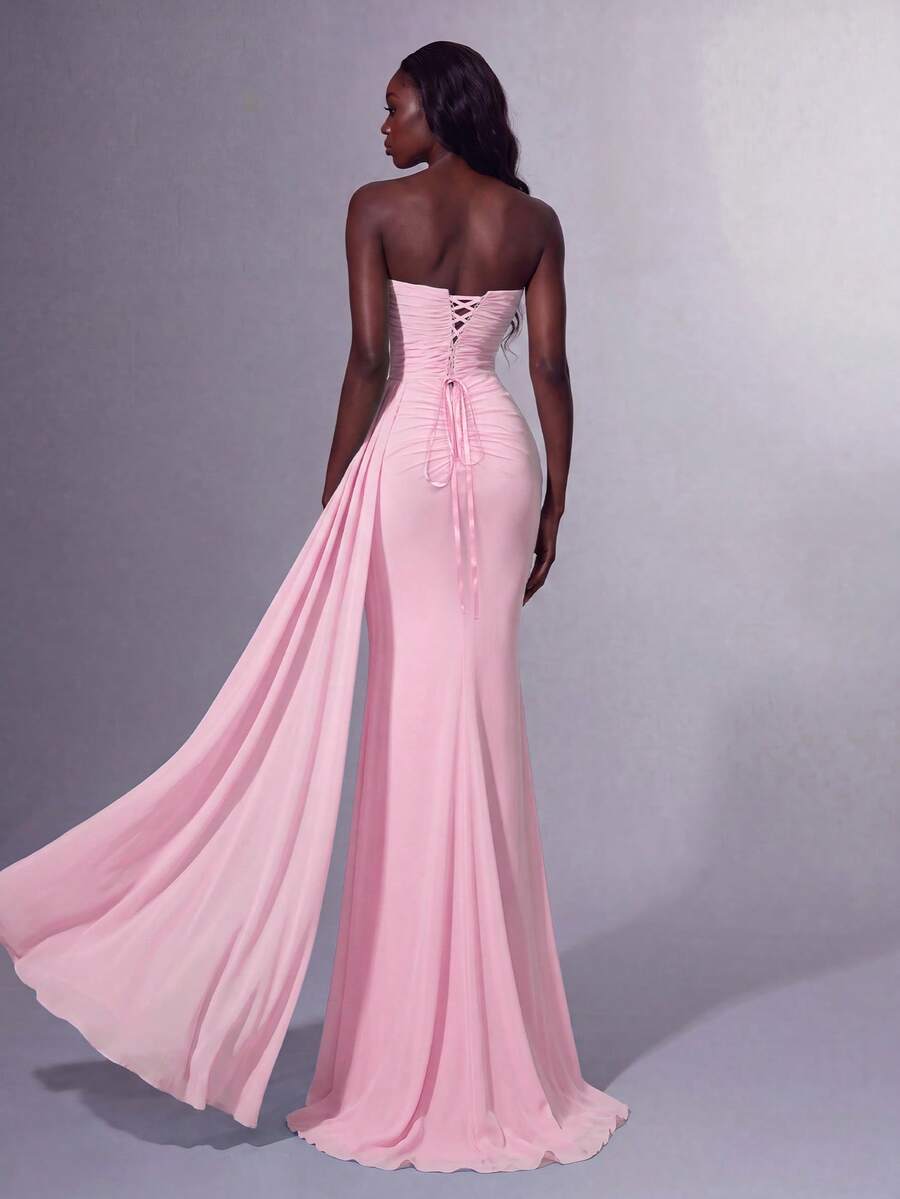 Elegant Heart Neckline Fitted Bustier Dress, Side Waist Ruched, High Slit, Slim Fit Mermaid Silhouette, Party Wedding Style - Pink - View 1