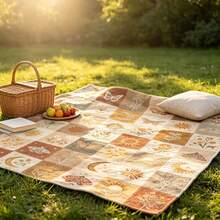 1PC Vintage Warm Brown Patchwork Sun Moon Moth & Plant Print Flannel Throw Blanket, Bohemian Style, For Home, Living Room, Sofa, Nap, Decorative Air Conditioning Blanket - Multicolor - View 9