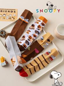 1/5/10 Pairs Snoopy Socks, Maillard Vintage Style Mid-Calf Socks, Color Block Striped Personalized Print, Daily Wear, Fun Christmas Gift - Multicolor - View 4