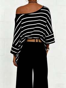 Women's Spring Summer Autumn Striped Asymmetrical Shoulder Batwing Sleeve Loose Casual Top Suitable For Daily Outings Indoor Commuting - Black - View 4