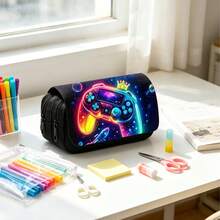 Neon Game Controller Print Large Capacity Pencil Case, Dual Zipper Stationery Bag, Portable Game Theme Pencil Storage Bag, Suitable For Teenagers School Daily Use - B - View 4