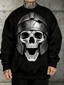 Sudadera negra de cuello redondo para hombre con estampado de calavera guerrera con casco roto. Suéter de algodón estilo rockero. - Negro - Ver 1