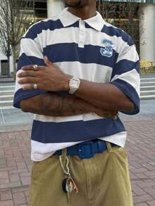 Men's Lightweight Retro Colorblock Wide Stripe Polo Shirt, Relaxed Fit, Clean Collegiate Style - Blue and White - View 2