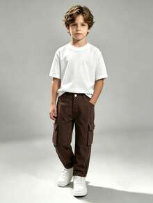 Love Baby 2-8 Years Young Boy Coffee Brown Wide Leg Multi-Pocket Cargo Jeans, Versatile Adjustable Waist Loose Fit Denim Work Pants, All Season - Coffee Brown - View 3