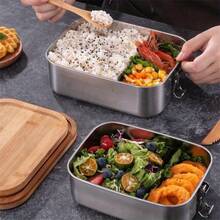 Stainless Steel Lunch Box With Bamboo Lid And Straight Buckle Design; Large Capacity Partitioned Lunch Box; Leak-Proof Structure; Suitable For Office Workers, Students, Outdoor Picnics, Travel, Office Dining, And Daily Use; Practical Item. - Silver - View 4