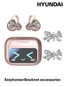 HYUNDAI M100 夾式藍牙耳機附蝴蝶結配件，多功能彩色螢幕、智慧觸控、HiFi 高保真、降噪、HD 通話、音樂遊戲、長續航、無需穿耳，時尚耳環配件禮物，適合女性 - 多色+蝴蝶結耳飾 - 查看 6