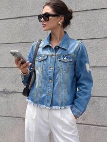 Women's Light Wash Distressed Denim Jacket, Button Detail Design Casual - Light Wash - View 2